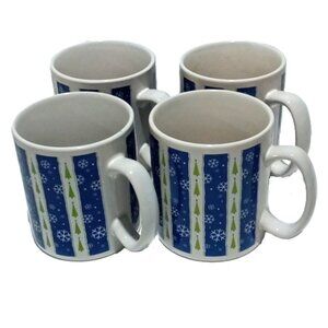 Set of 4 Large Coffee Mugs by Life@Home Decorated with Snow Flakes & Xmas Trees